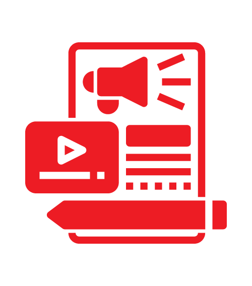 Graphic representing different forms of media and messaging: megaphone, youtube, blog, pen