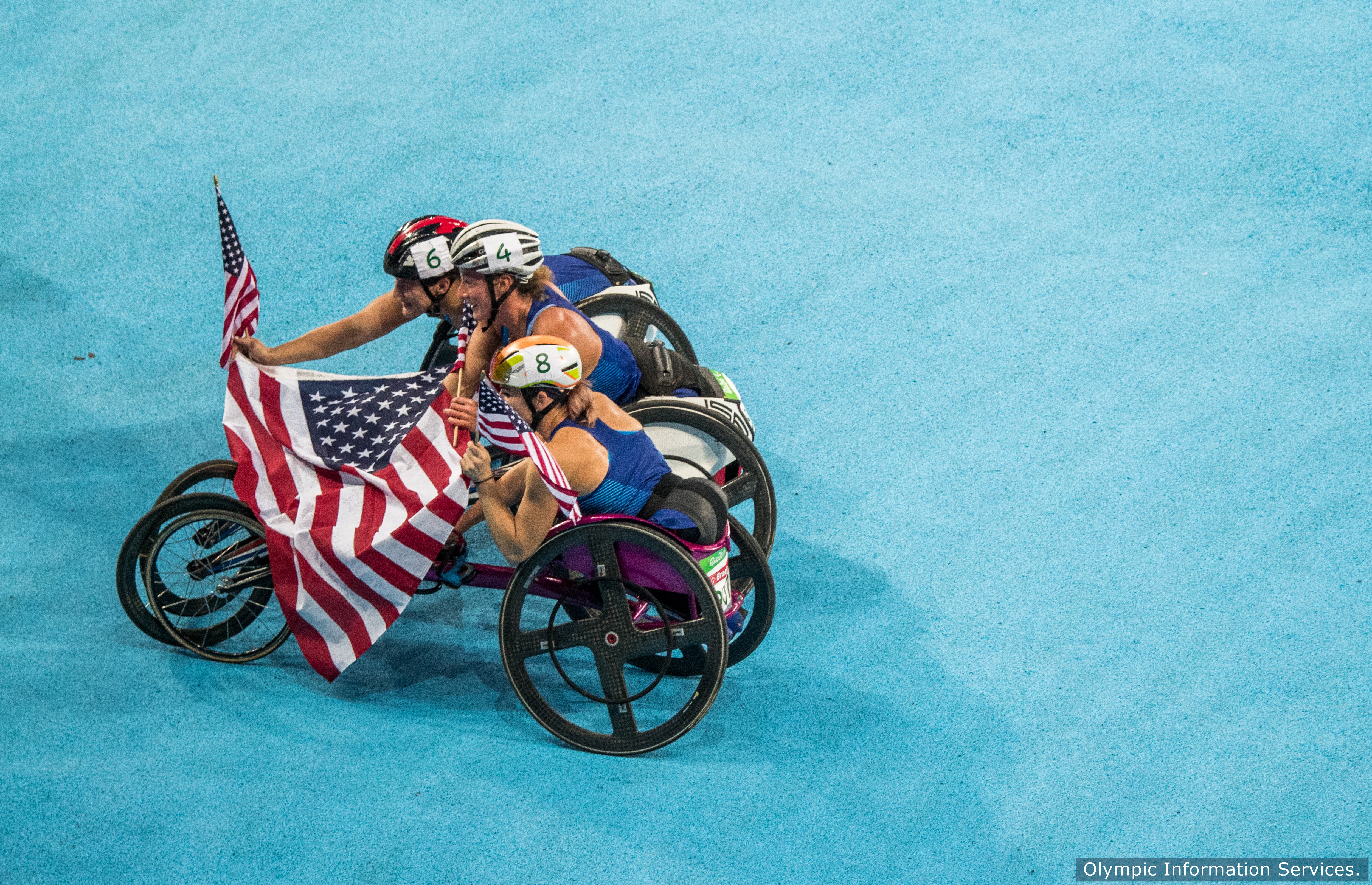 Silver Medallist Chelsea McClammer USA, Gold Medallist Tatyana McFadden USA and Bronze Medallist Amanda McGrory USA (left to right) pose after the Women's 5000m - T54 Final at the Olympic Stadium. The Paralympic Games, Rio de Janeiro, Brazil, Thursday 15th September 2016.