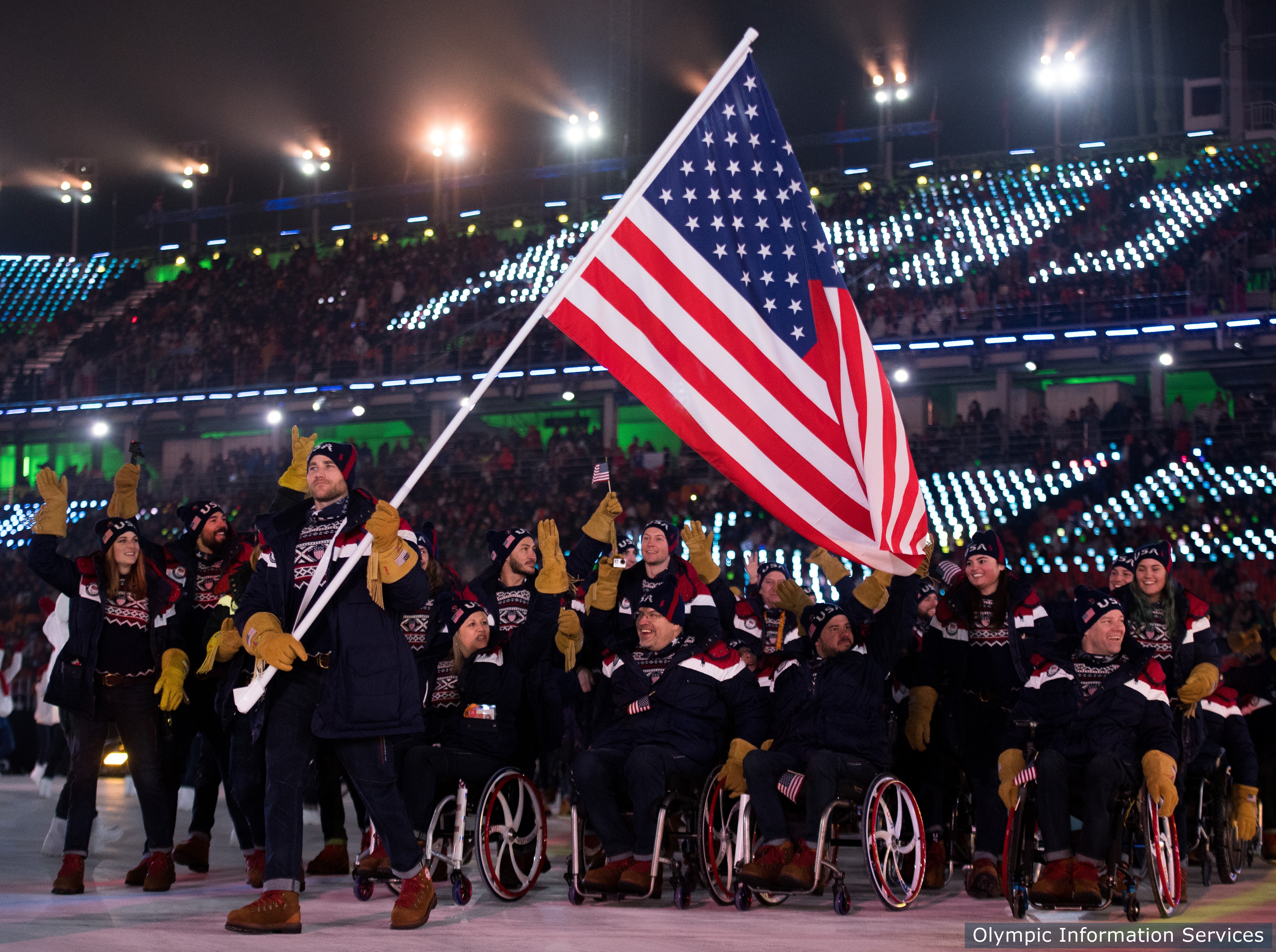 Mike Schultz USA leads United States of America's delegationduring the Opening Ceremony for the XII Paralympic Winter Games in the PyeongChang Olympic Stadium, PyeongChang, South Korea, Friday 9th March 2018. 