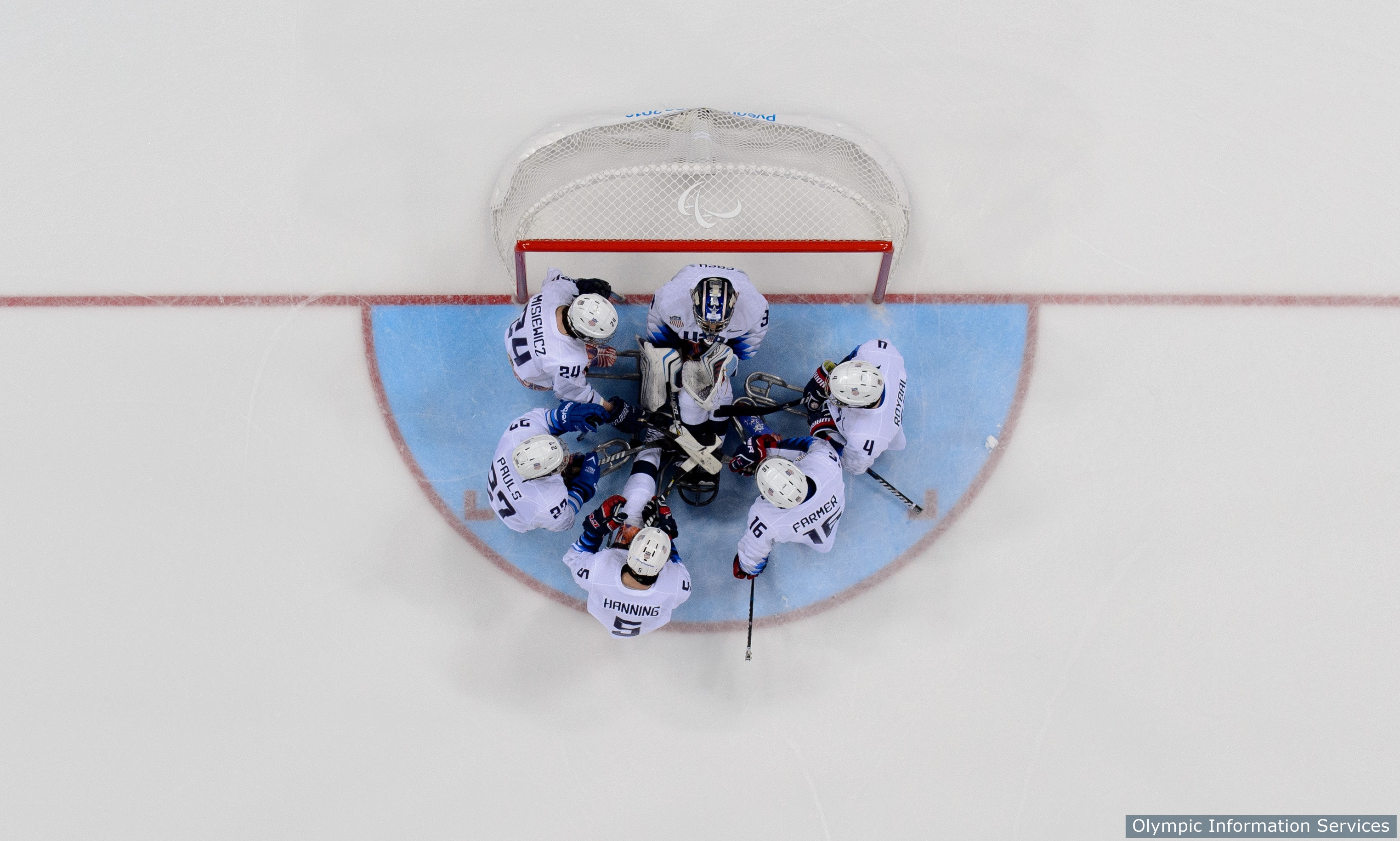 Team USA huddle together before the Ice Hockey Gold Medal Game between Canada and the United States of America at the Gangneung Hockey Centre. The Paralympic Winter Games, PyeongChang, South Korea, Sunday 18th March 2018.