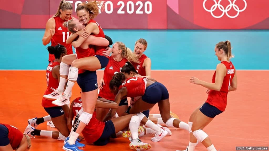 USA Volleyball Women's Team celebrating after beating Brazil in the Gold Medal match at the 2020 Tokyo Games