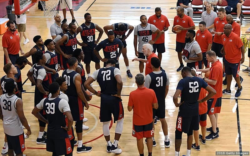 Head coach Gregg Popovich (C) of the United States talks to his players during a practice session at the 2018 USA Basketball Men's National Team minicamp at the Mendenhall Center at UNLV on July 26, 2018 in Las Vegas, Nevada.