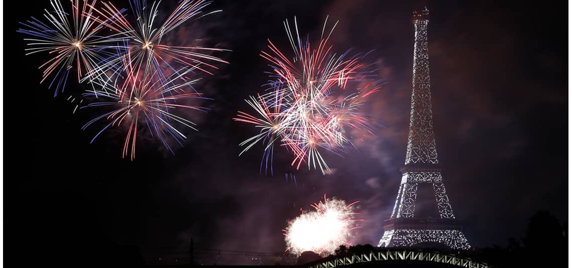 Eiffel Tower with fireworks at night