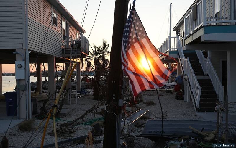 An American flag waves in the breeze after Hurricane Irma.
