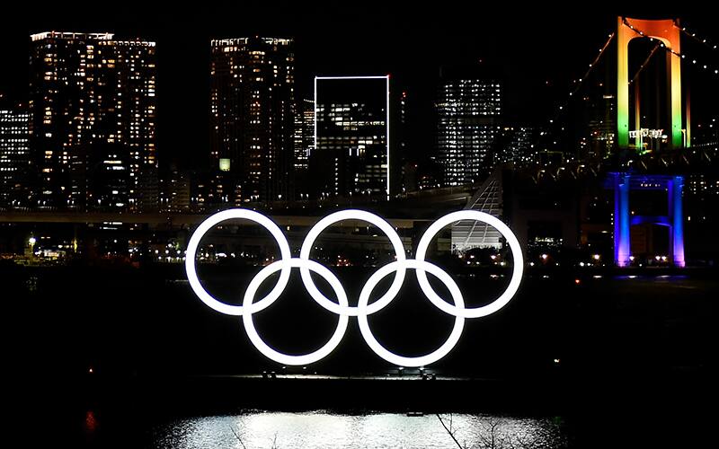 Olympic rings alongside the Rainbow Bridge