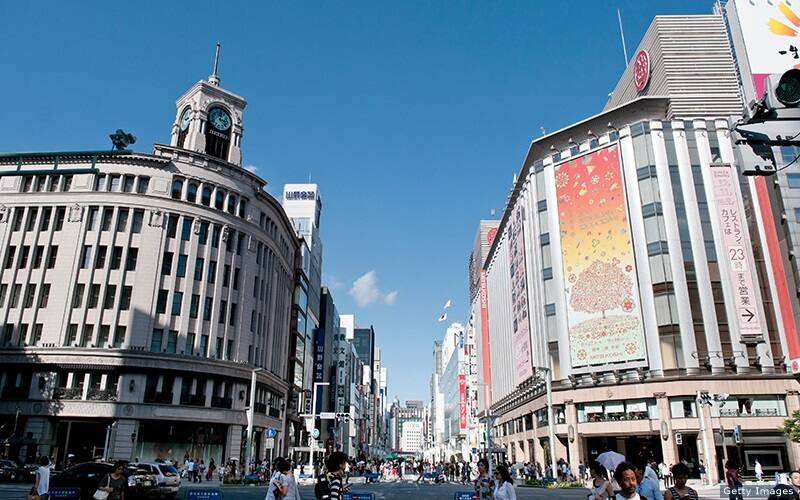The Ginza district in Tokyo bustles with shoppers.