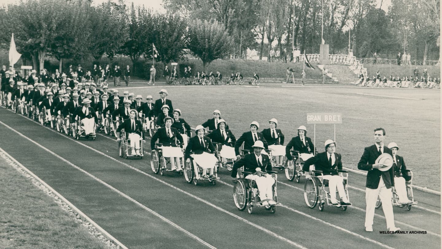 The Britain Paralympic Team enters the 1960 Rome Paralympic Opening Ceremony. 