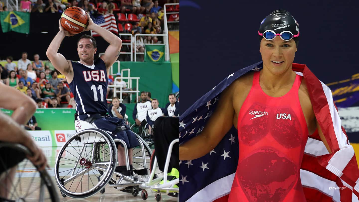 Left: Steve Serio in action during Men's Wheelchair Basketball Gold Medal at the Rio 2016 Paralympic Games on Sept. 17, 2016 in Rio. Right: Rebecca Meyers competes in Women's 100 m Butterfly S12-13 at the Para Swimming World Championship Mexico City 2017 on Dec. 4, 2017 in Mexico City.