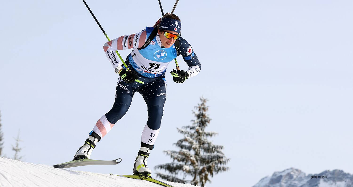 Susan Dunklee competes during the Women 7.5 km Sprint at the BMW IBU World Cup Biathlon Hochfilzen on Dec. 11, 2020 in Hochfilzen, Austria.