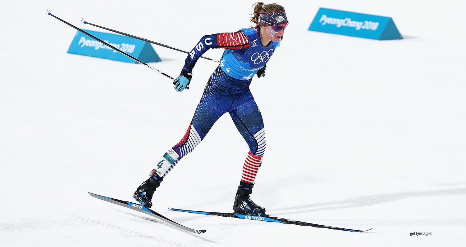 Jessica Diggins competes during the Ladies' 4x5km Relay at the Winter Olympic Games PyeongChang 2018 on Feb. 17, 2018 in Pyeongchang-gun, South Korea.