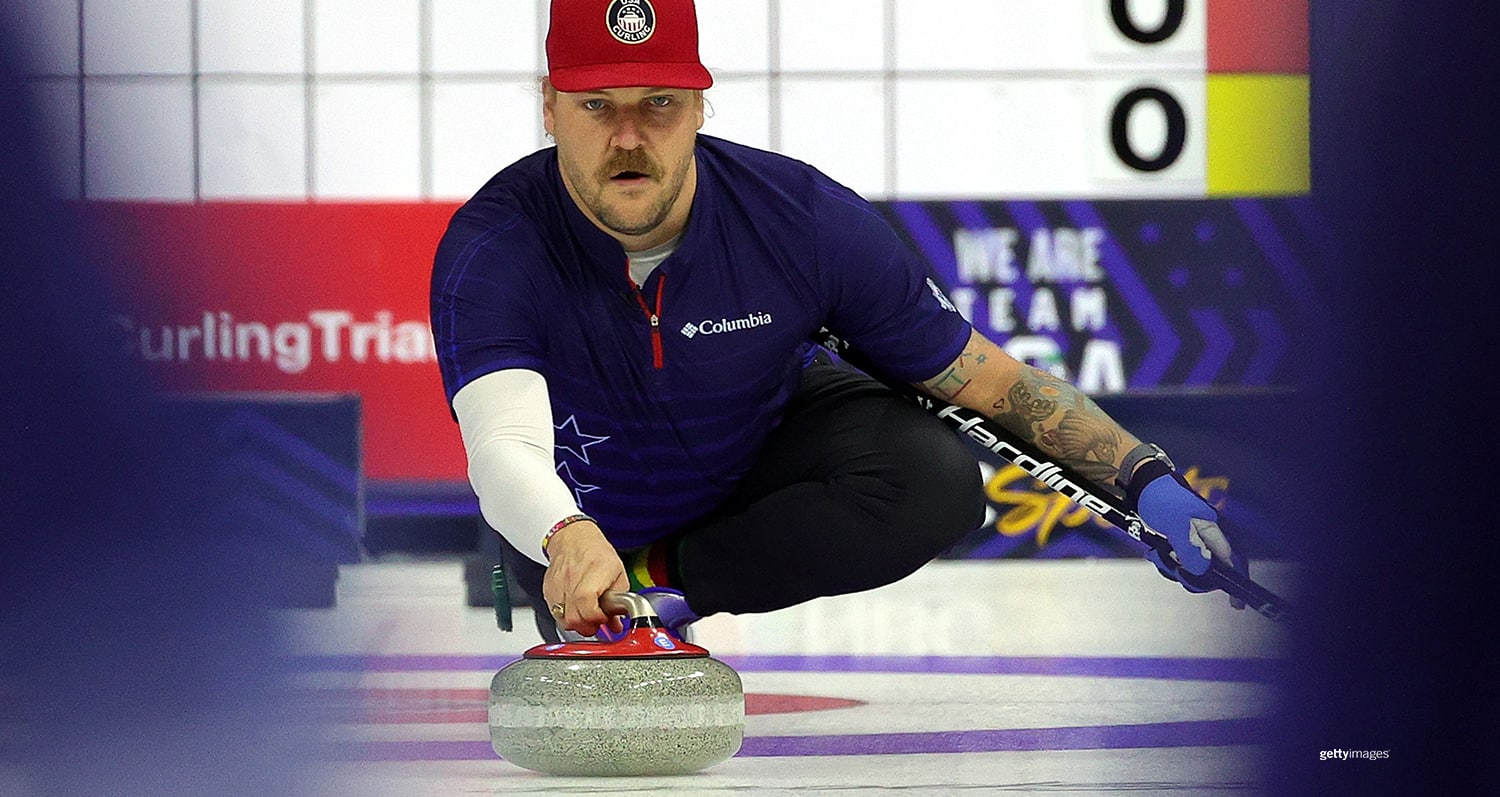 Matt Hamilton delivers a stone during Game 2 of the US Olympic Team Trials on Nov. 20, 2021 in Omaha, Nebraska.