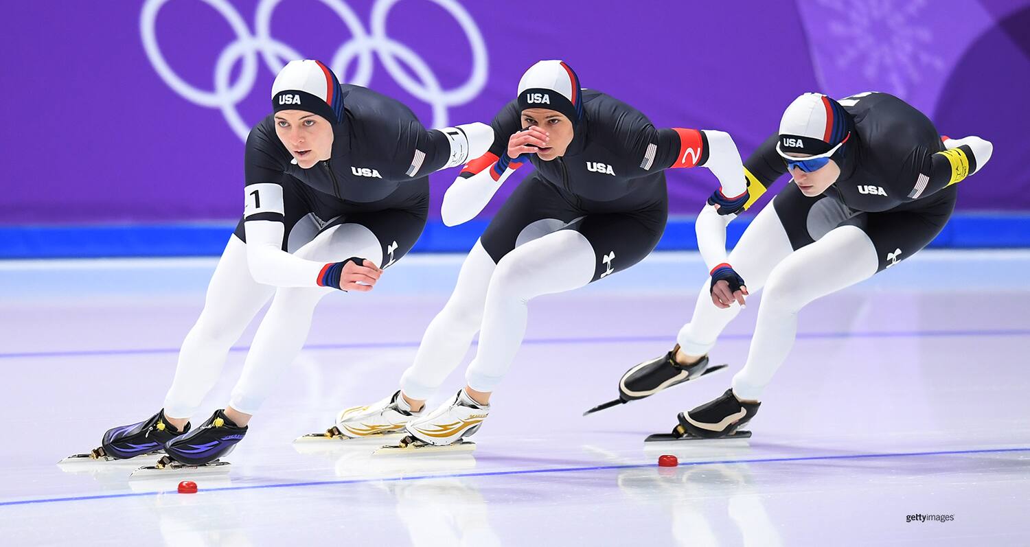 Heather Bergsma, Brittany Bowe and Mia Manganello compete during the Speed Skating Ladies' Team Pursuit Final B against Canada at the Winter Olympic Games PyeongChang 2018 on Feb. 21, 2018 in Gangneung, South Korea.