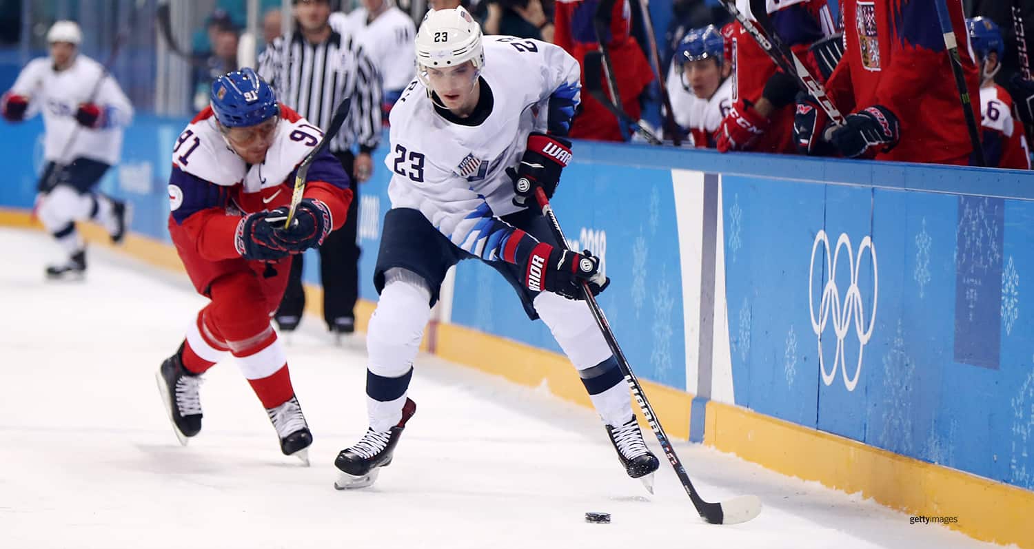 Troy Terry skates against Martin Erat of the Czech Republic during the Men's Play-offs Quarterfinals at the Winter Olympic Games PyeongChang 2018 on Feb. 21, 2018 in Gangneung, South Korea.