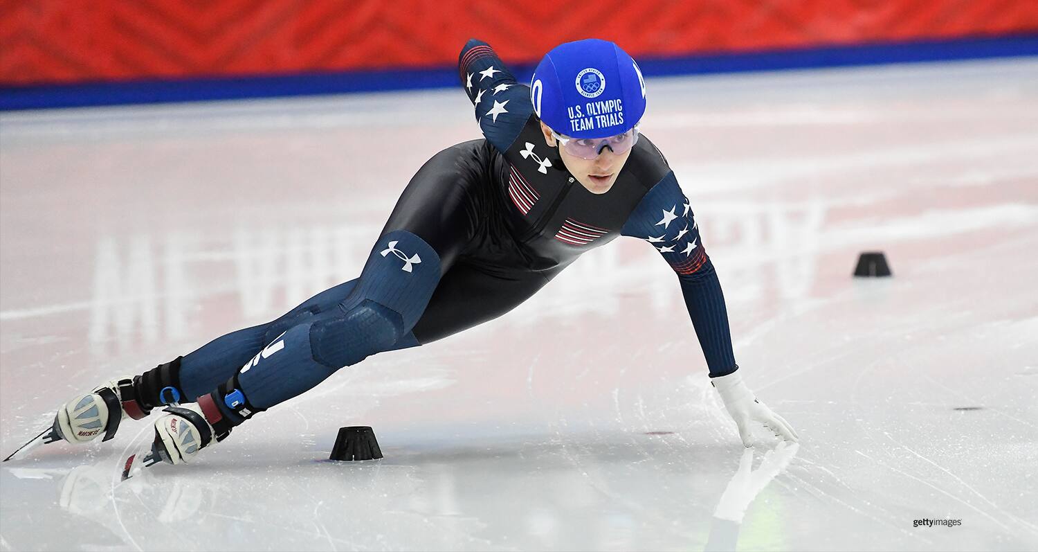 Kristen Santos competes in a Women's 500 meter quarterfinal during day 1 of the US Short Track Speed Skating Olympic Trials on Dec. 17, 2021 in Kearns, Utah.