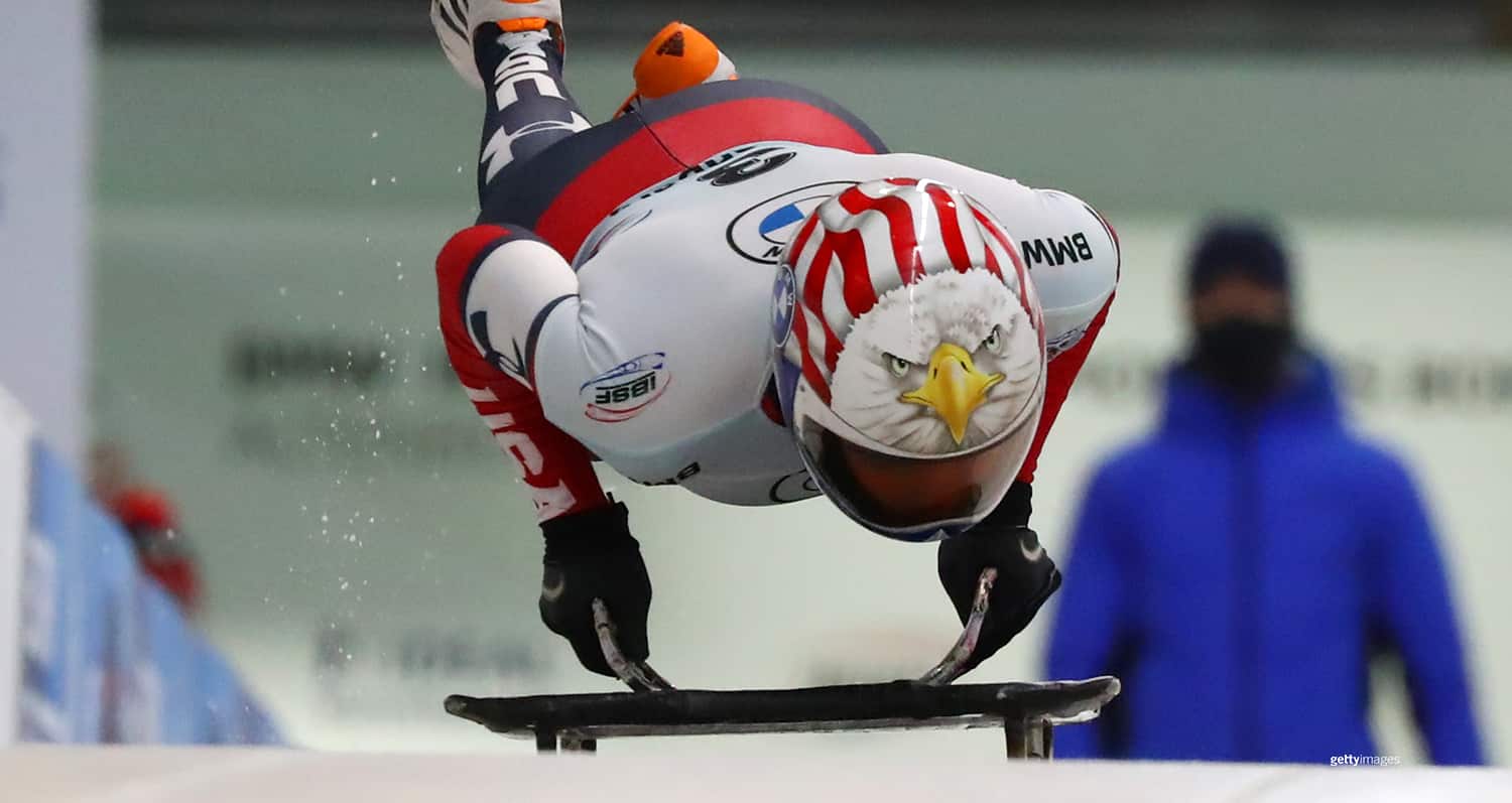 Katie Uhlaender competes in Women's Skeleton during the IBSF World Championships 2021 on February 11, 2021 in Altenberg, Germany.