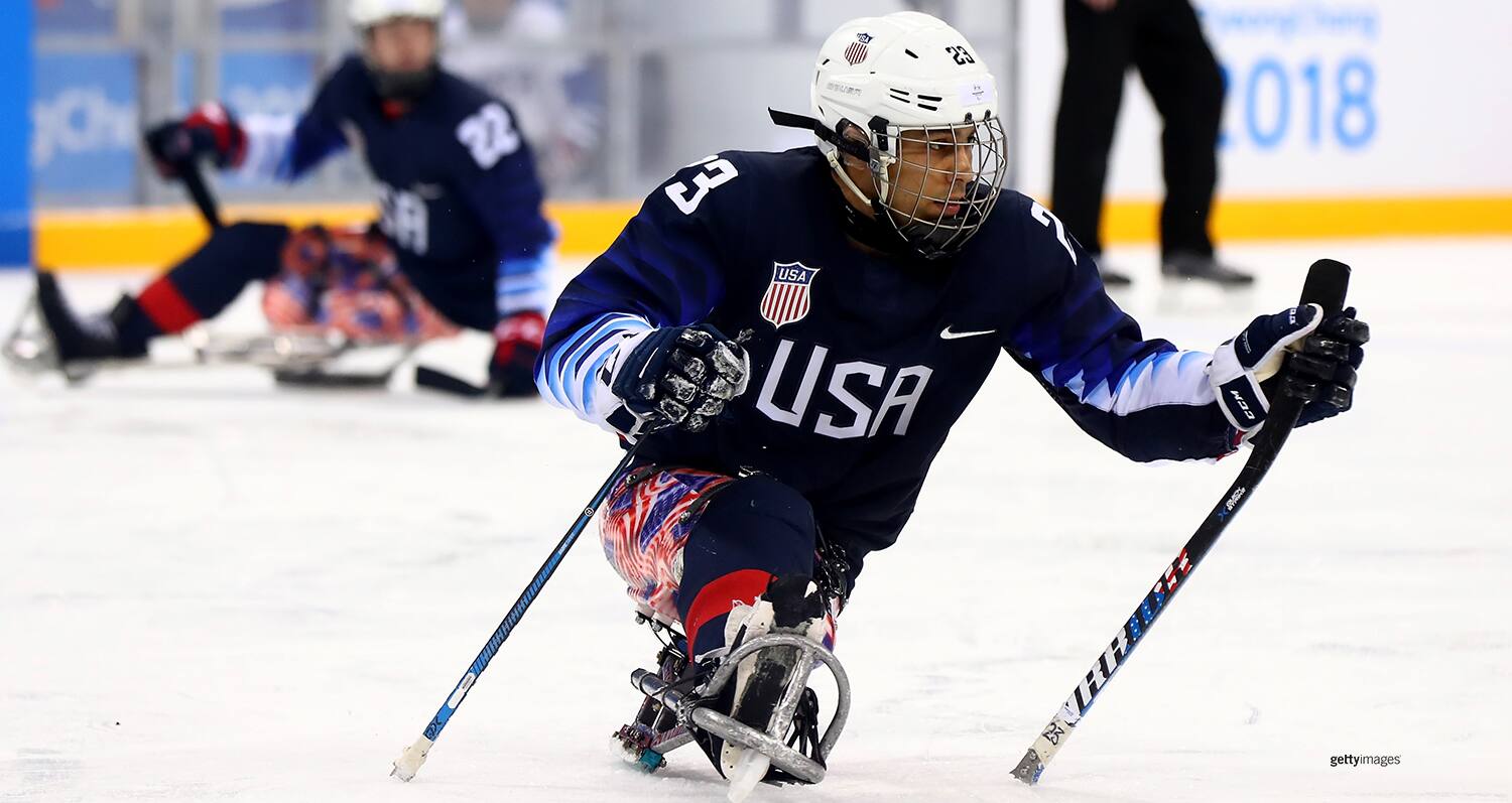 Rico Roman in action against Korea in the Ice Hockey Preliminary Round - Group B game between United States and Korea at the Paralympic Winter Games PyeongChang 2018 on March 13, 2018 in Gangneung, South Korea.