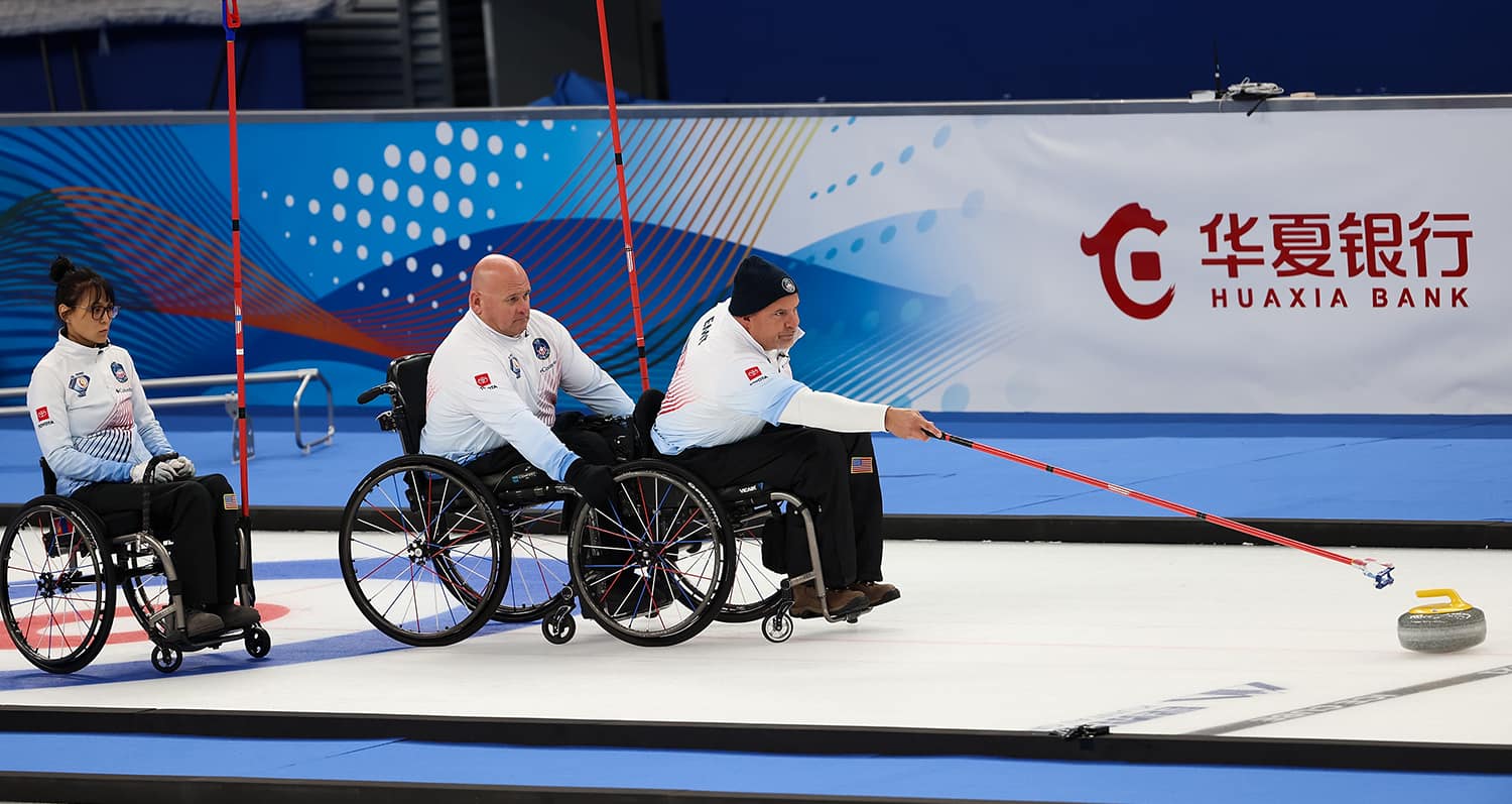 Stephen Emt, Bat-Oyun Uranchimeg and David Samsa compete against Team Canada during the 2021 World Wheelchair Curling Championship on Oct. 29, 2021 in Beijing, China.