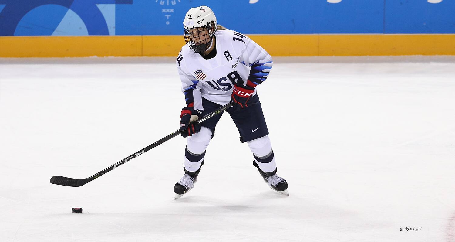 Brianna Decker handles the puck during the Women's Ice Hockey Preliminary Round Group A game against Canada at the Winter Olympic Games PyeongChang 2018 on Feb. 15, 2018 in Gangneung, South Korea.