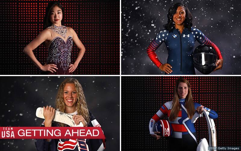 Four winter Olympians pose with equipment