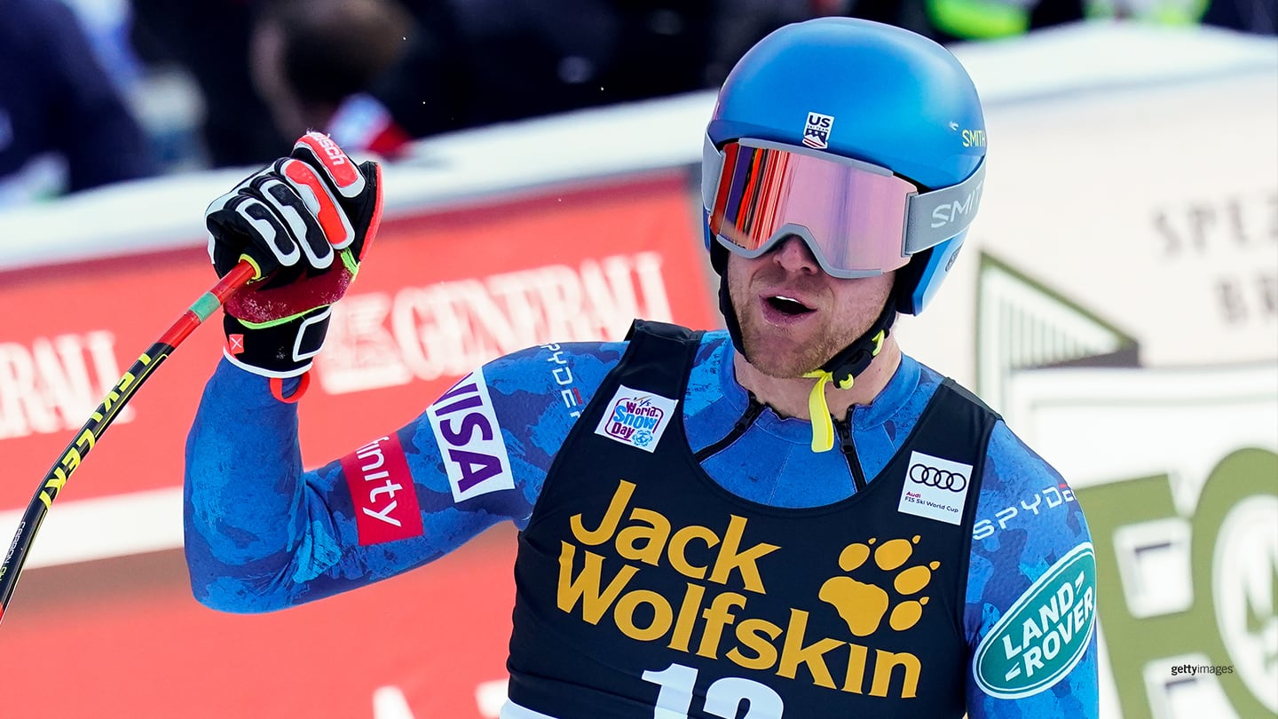 Ryan Cochran-Siegle celebrates during the Audi FIS Alpine Ski World Cup Men's Downhill on Dec. 19, 2020 in Val Gardena Italy.