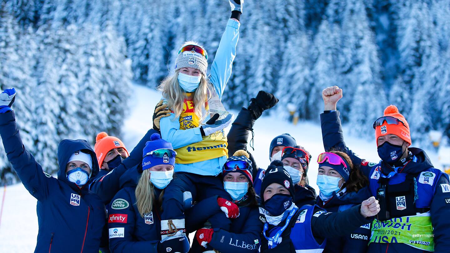 Jessica Diggins celebrates during the COOP FIS Cross-Country Stage World Cup Women's 10 km Free Mass Start on Jan. 9, 2021 in Val Di Fiemme, Italy.