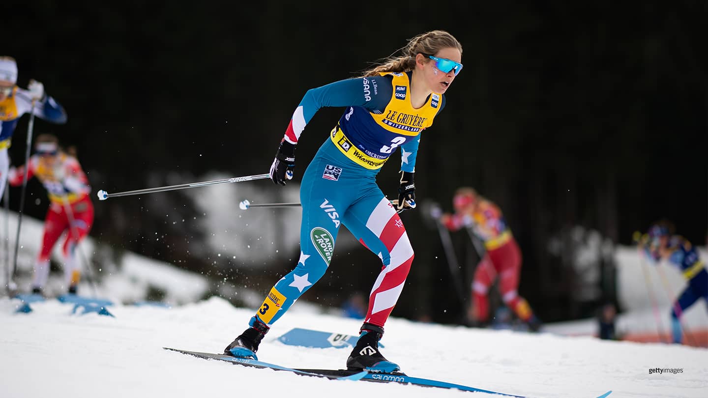 Jessica Diggins competes during the women's cross country sprint quarterfinal at the FIS nordic world cup Oberstdorf on Jan. 26, 2020 in Oberstdorf, Germany. 
