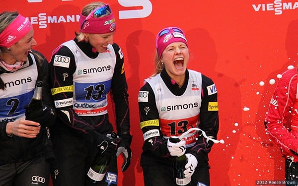 Jessie Diggins and Kikkan Randall celebrate