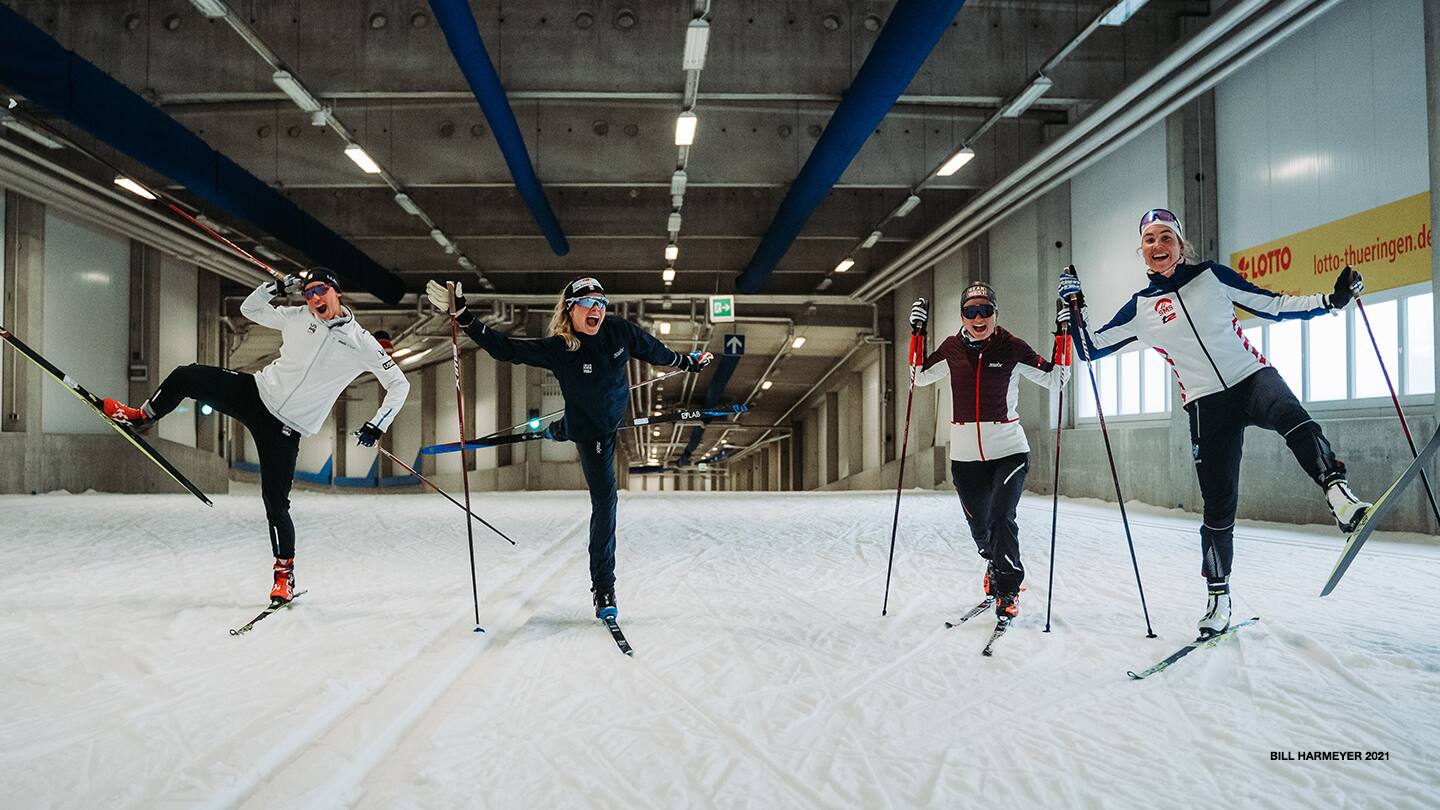 Julia Kern, Jessie Diggins, Alayna Sonnesyn and Lina Sutro inside the indoor ski tunnel in Oberhof, Germany.