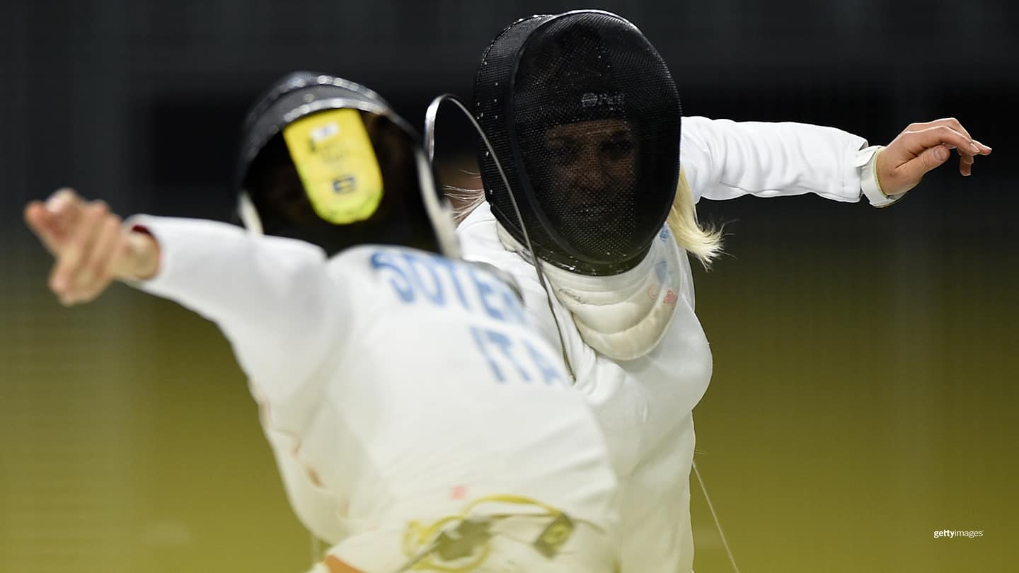 Alice Sotero of Italy competes against Samantha Achterberg during the women's fencing ranking round of the UIPM World Cup, Modern Pentathlon test event for Tokyo 2020 on June 27, 2019 in Chofu, Tokyo, Japan. 