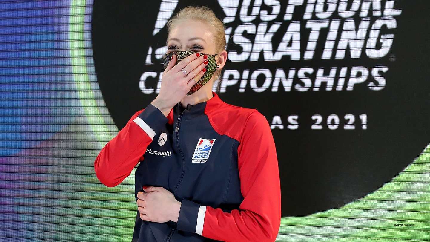 Bradie Tennell reacts in the Kiss & Cry after skating in the Ladies Free Skate during the U.S. Figure Skating Championships at Orleans Arena on Jan. 15, 2021 in Las Vegas, Nevada