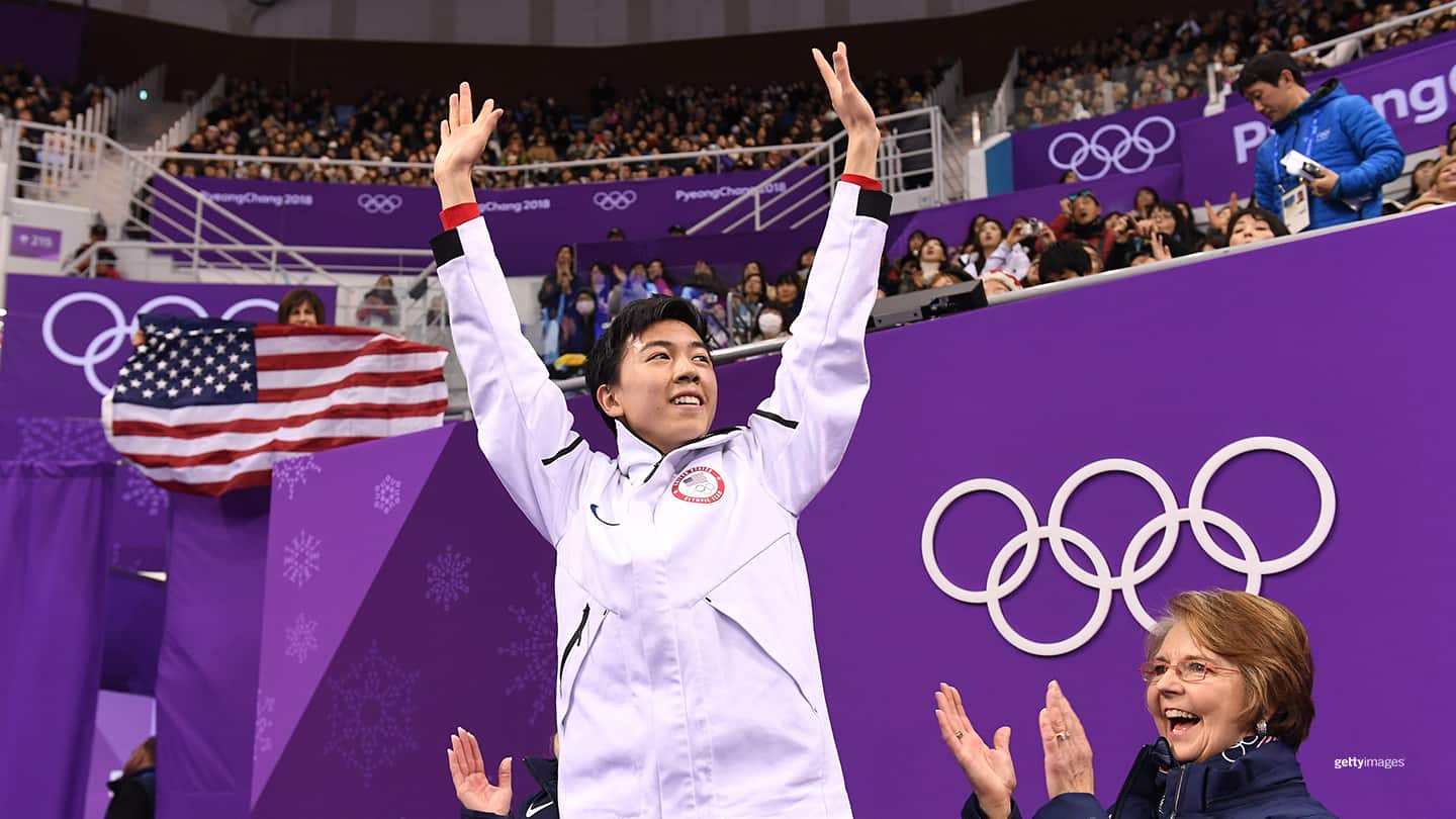 Vincent Zhou reacts after competing during the Men's Single Free Program at the PyeongChang 2018 Winter Olympic Games on Feb. 17, 2018 in Gangneung, South Korea.
