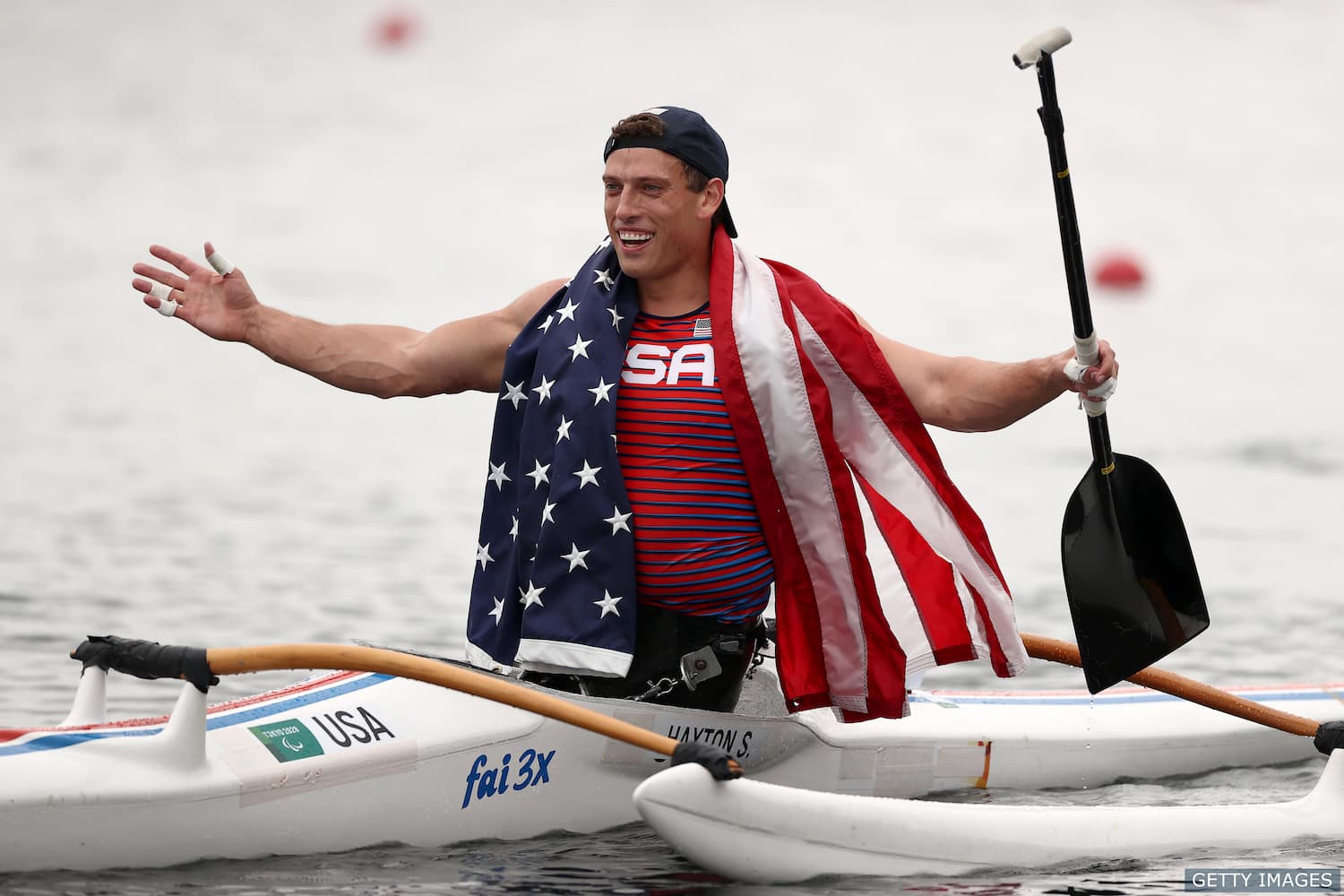 Blake Haxton celebrates winning silver for Team USA at the Tokyo Paralympics
