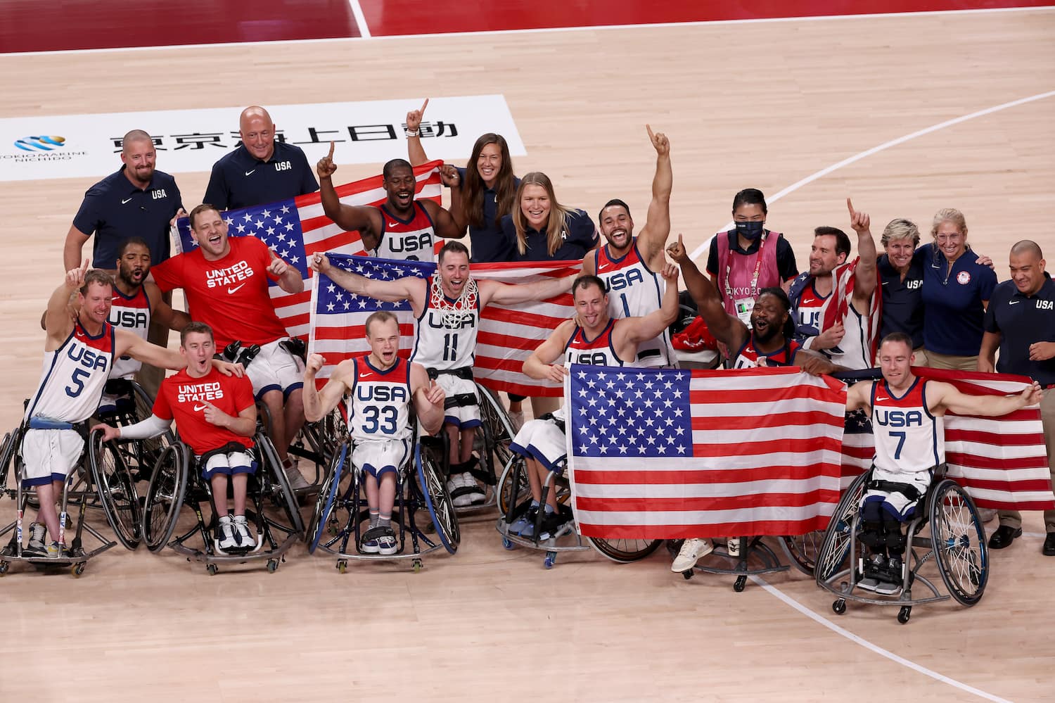USA men's wheelchair basketball celebrates winning gold at the Tokyo Paralympics
