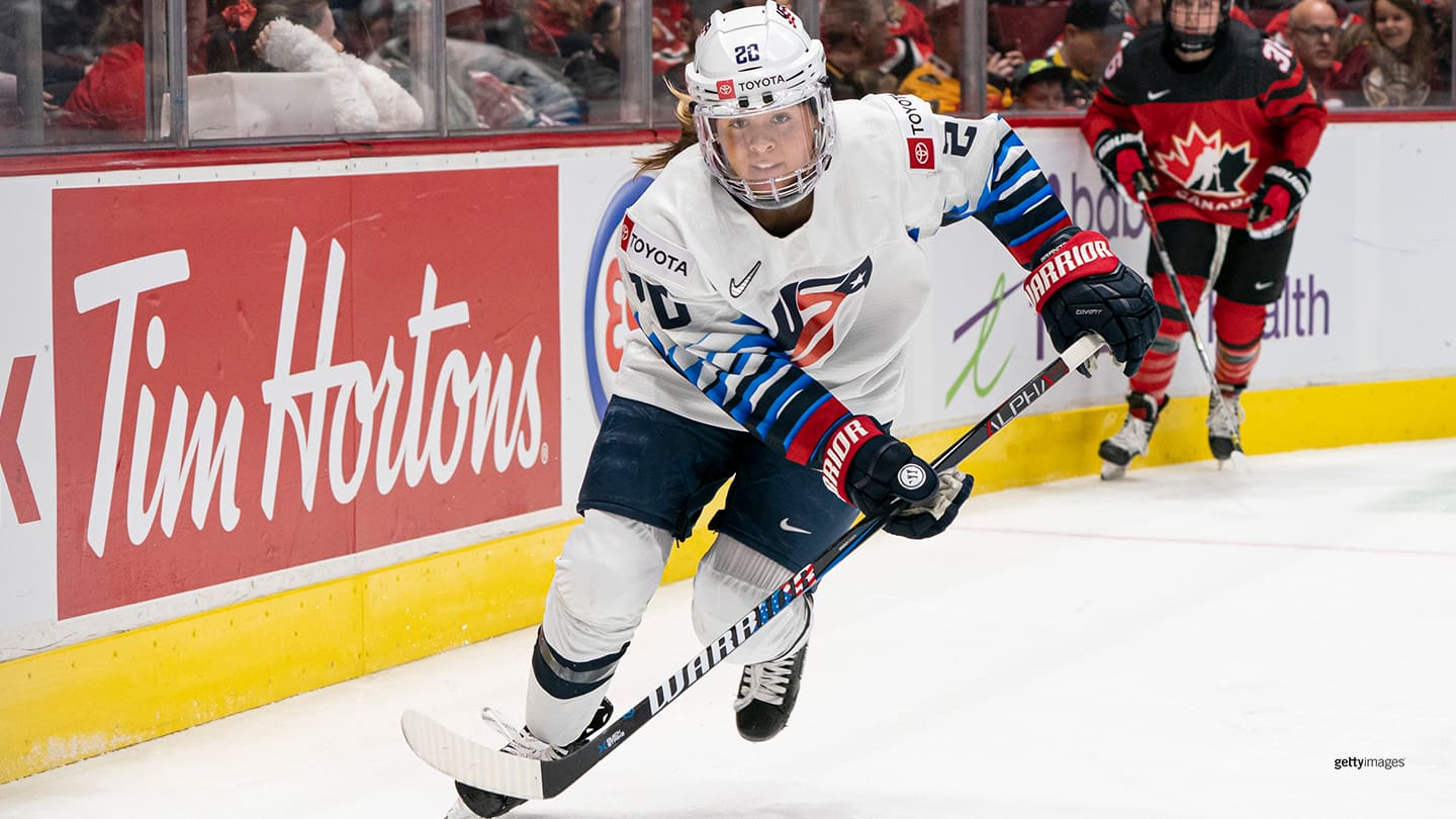 Hannah Brandt skates during women's hockey action in Game #4 of the 2020 Rivalry Series against Canada on Feb. 5, 2020 in Vancouver, Canada. 