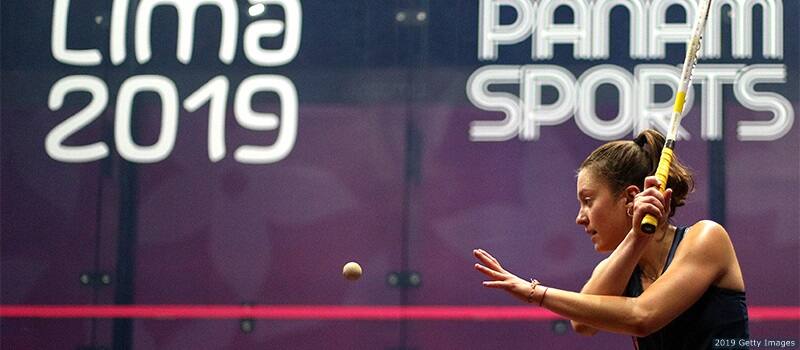 Sabrina Sohby of United States plays a shot during Women's Squash Team Gold Medal match between Canada and United States