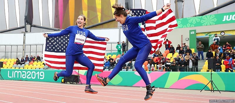 Team USA's Kara Winger and Ariana Ince jump for joy after earning gold and bronze in Women's Javelin Throw Final 