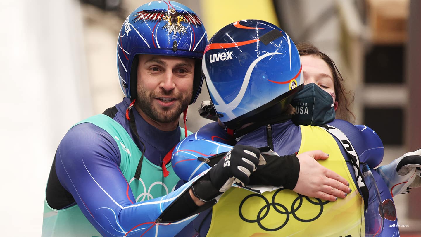 Chris Mazdzer, Ashley Farquharson and Zachary DiGregorio