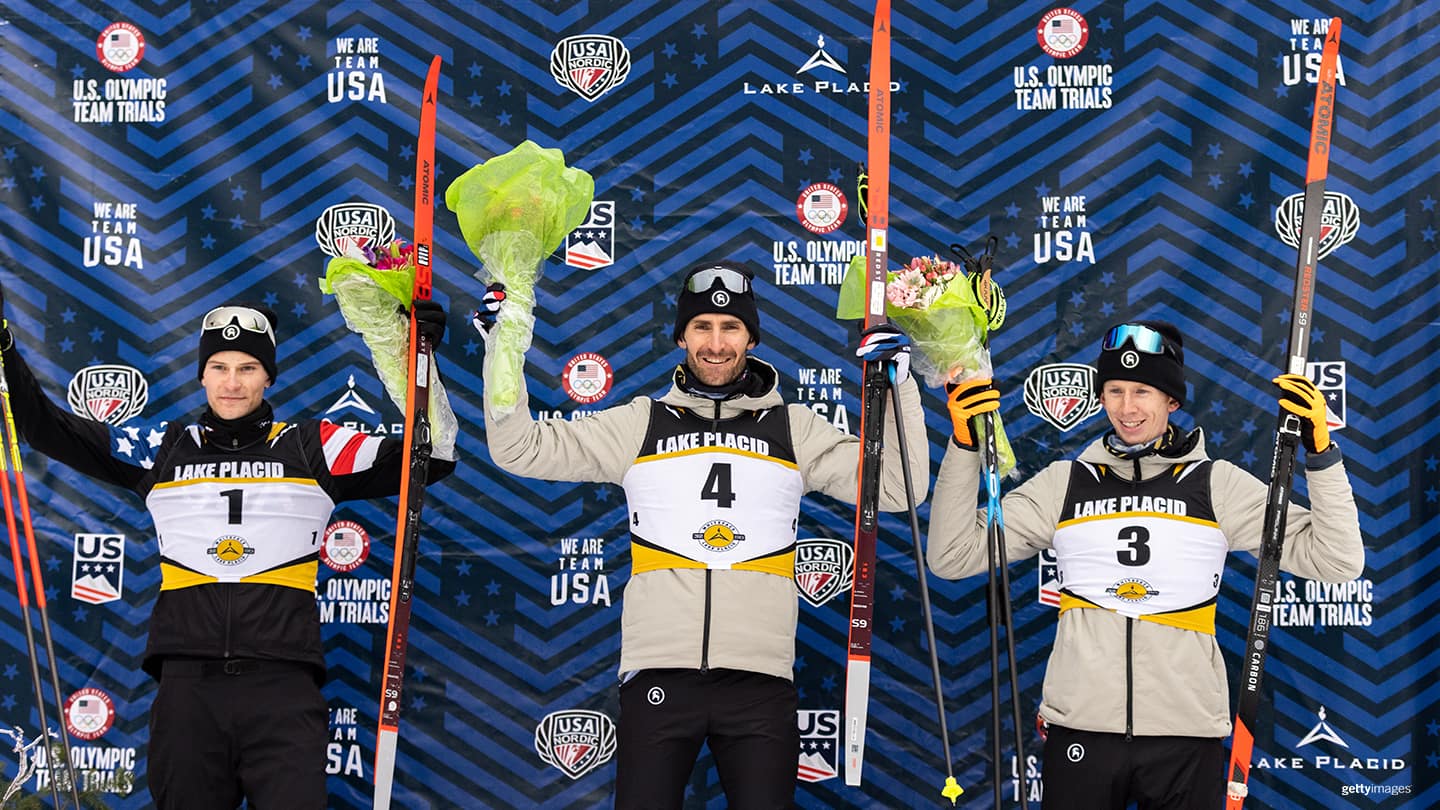 Taylor Fletcher, Ben Loomis and Jared Schumate of the 2022 U.S. Olympic Nordic Combined Team