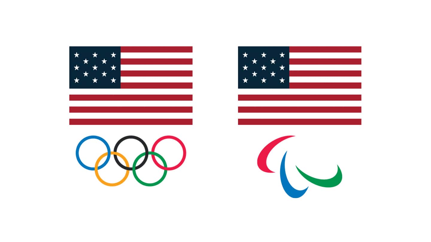 USOPC logo. An American flag with the Olympic rings and an American flag with the Paralympic agitos