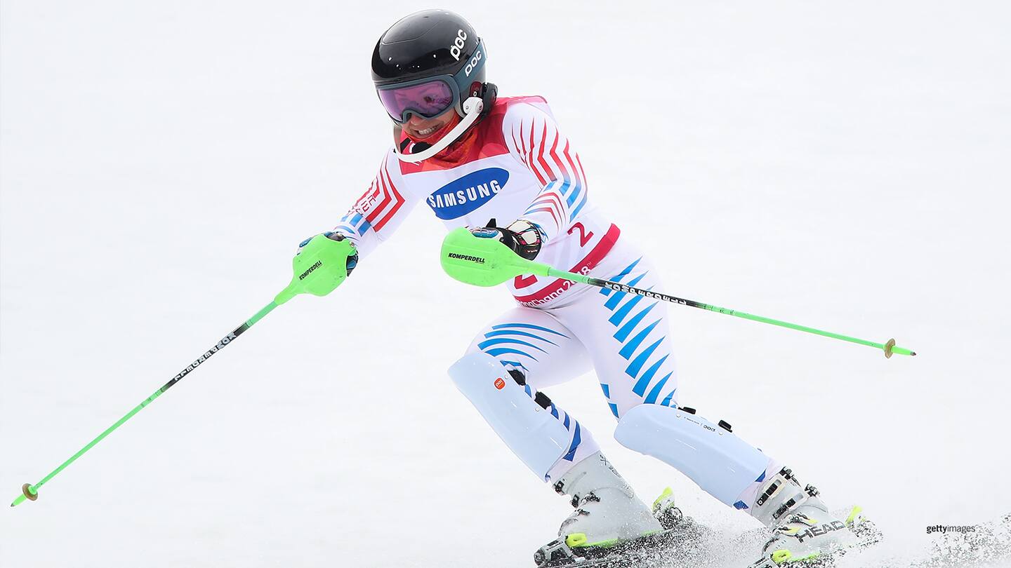 Danelle Umstead and her guide Rob Umstead compete in the Women's Visually Impaired Slalom at the PyeongChang 2018 Paralympic Games on March 18, 2018 in Pyeongchang-gun, South Korea.