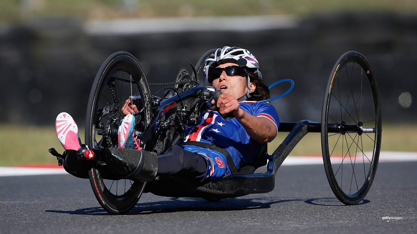 Alicia Dana rides during the Women's Individual H 1-3 Road Race at the London 2012 Paralympic Games on Sept. 7, 2012 in Longfield, England. 