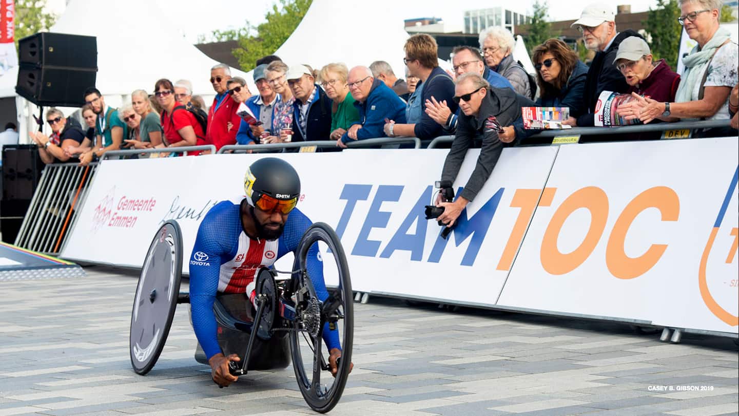 Freddie De Los Santos competes in the Time Trial at the 2019 UCI Para-cycling Road World Championships. 