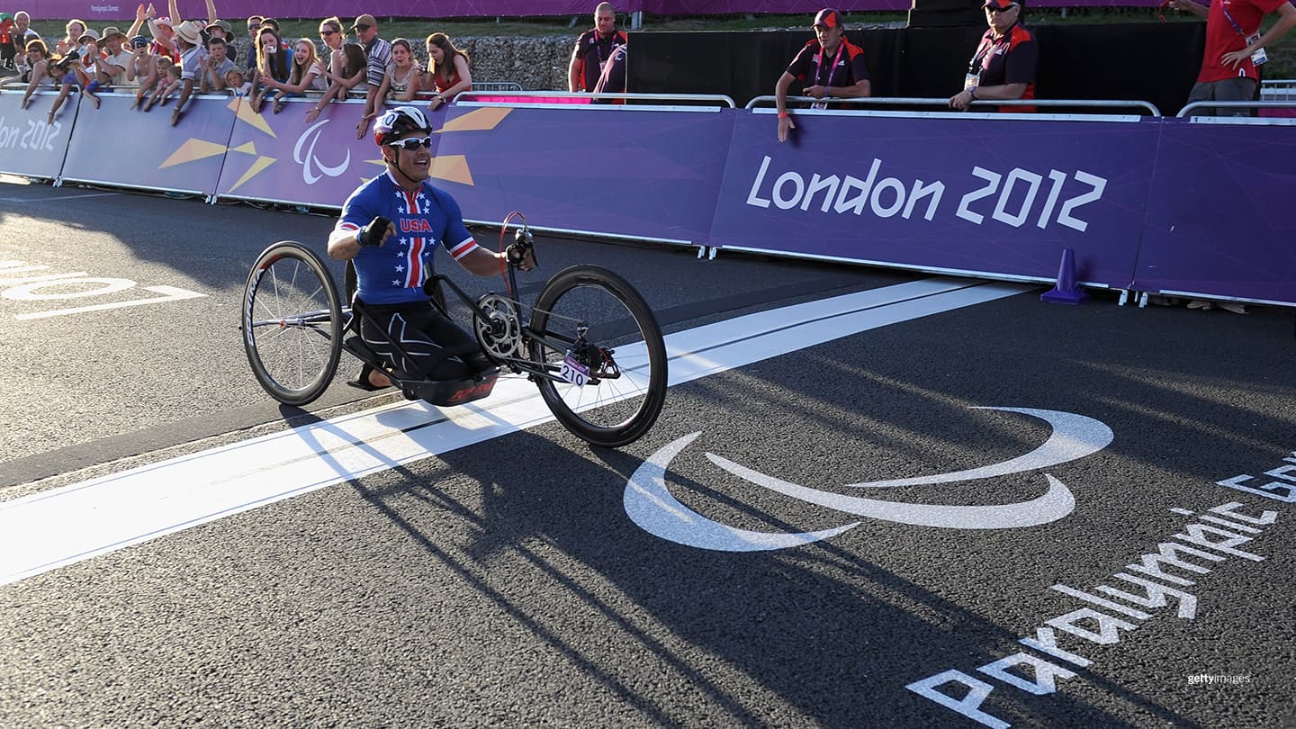Oscar Sanchez crosses the line to win gold in the Mixed H 1-4 relay at the London 2012 Paralympic Games on Sept. 8, 2012 in Longfield, England. 