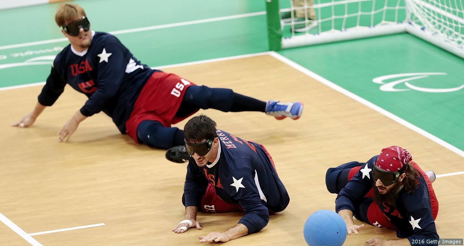 Joseph Hamilton, Tyler Merren and John Kusku of United States in action during a Men's Goalball match in Rio.