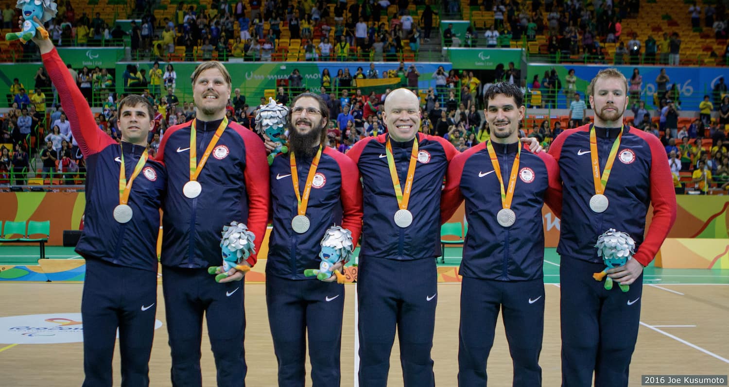 The U.S. men's goalball team celebrate wining silver at the Paralympic Games Rio 2016 on Sept. 16, 2016 in Rio de Janeiro.