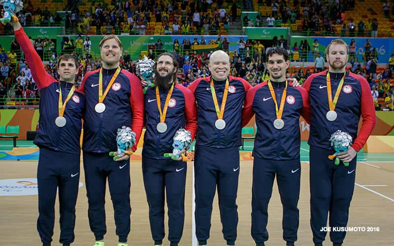 The U.S. men's goalball team celebrate wining silver at the Paralympic Games Rio 2016 on Sept. 16, 2016 in Rio de Janeiro.