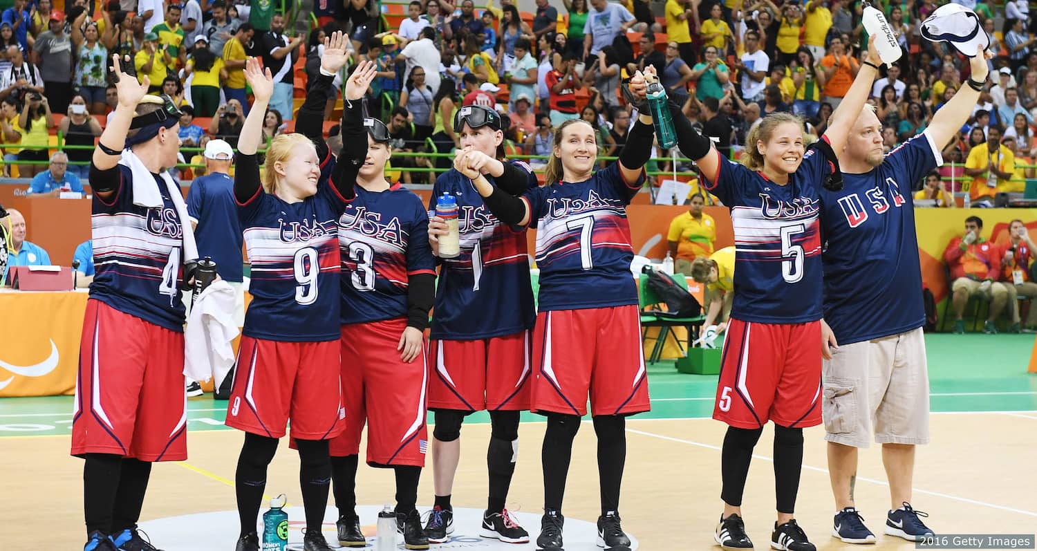 The U.S. Women's Goalball team celebrates winning the gold medal at the 2016 Paralympic Games in Rio. 