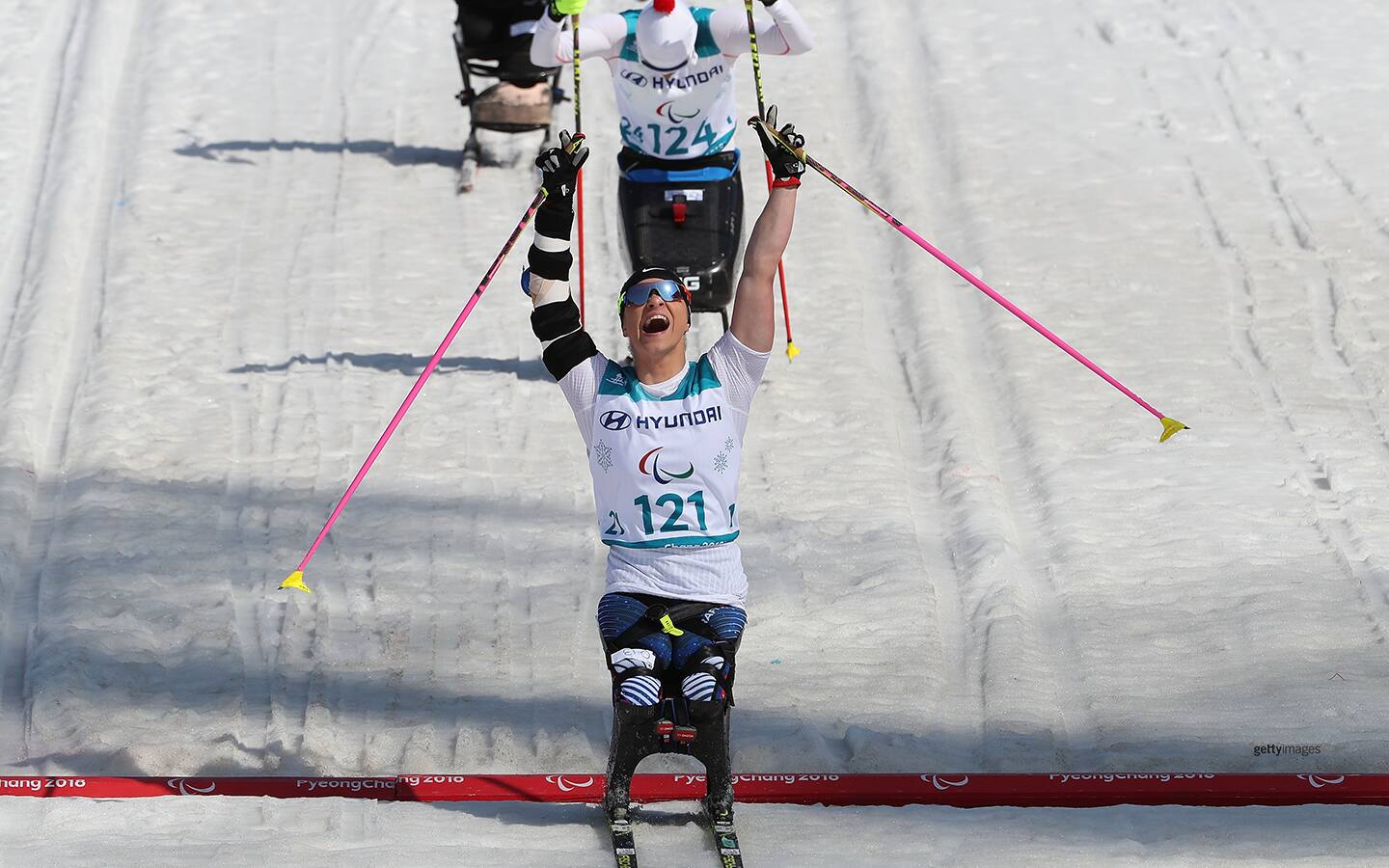 Oksana Masters celebrates in the Cross-Country Skiing - Women's 1.1km Sprint Final, Sitting at the PyeongChang 2018 Paralympic Games on March 14, 2018 in Pyeongchang-gun, South Korea. 