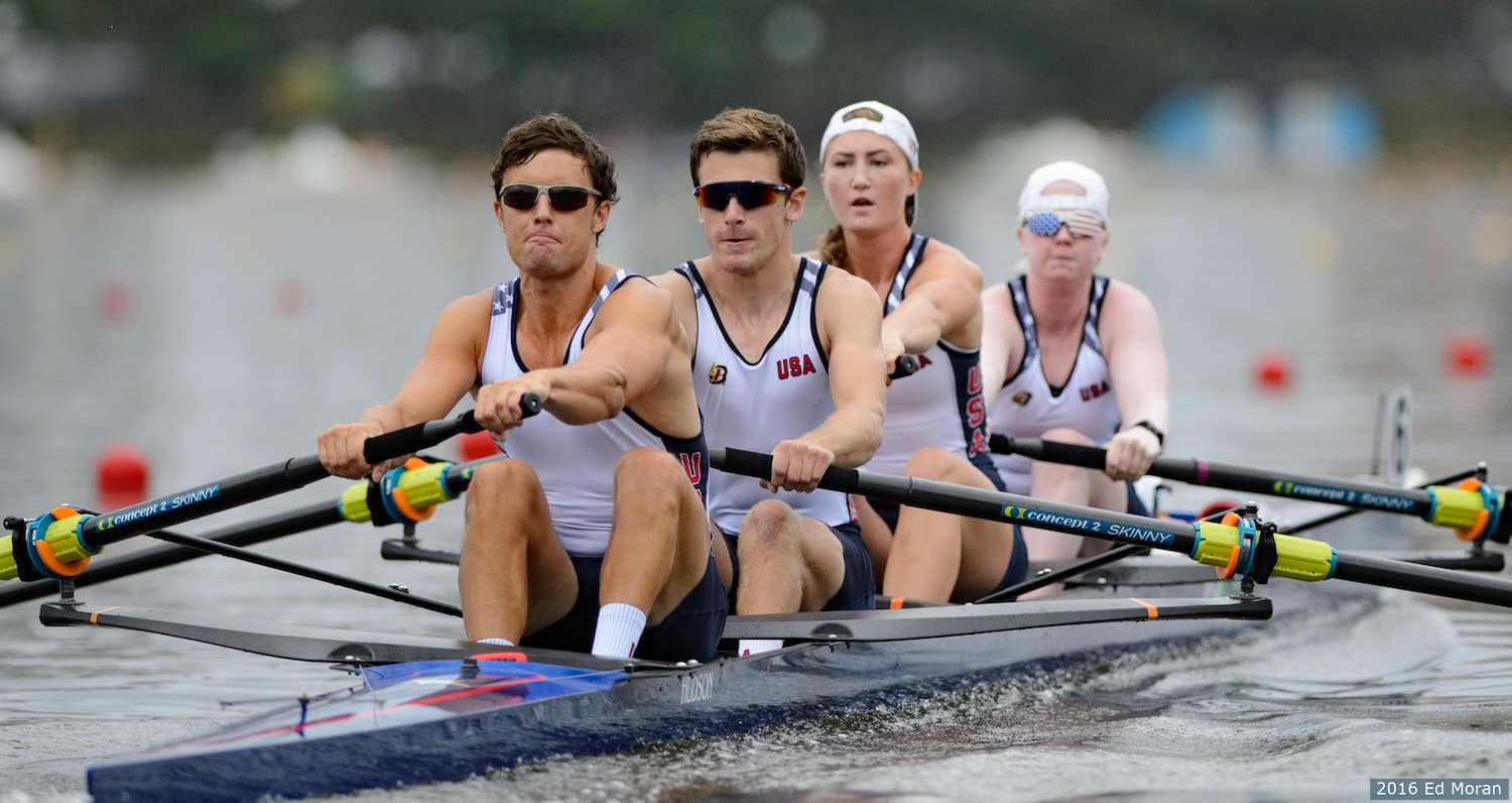 The U.S. PR3 Mixed Coxswain Rowing Team competes at the 2016 Paralympic Games in Rio. 