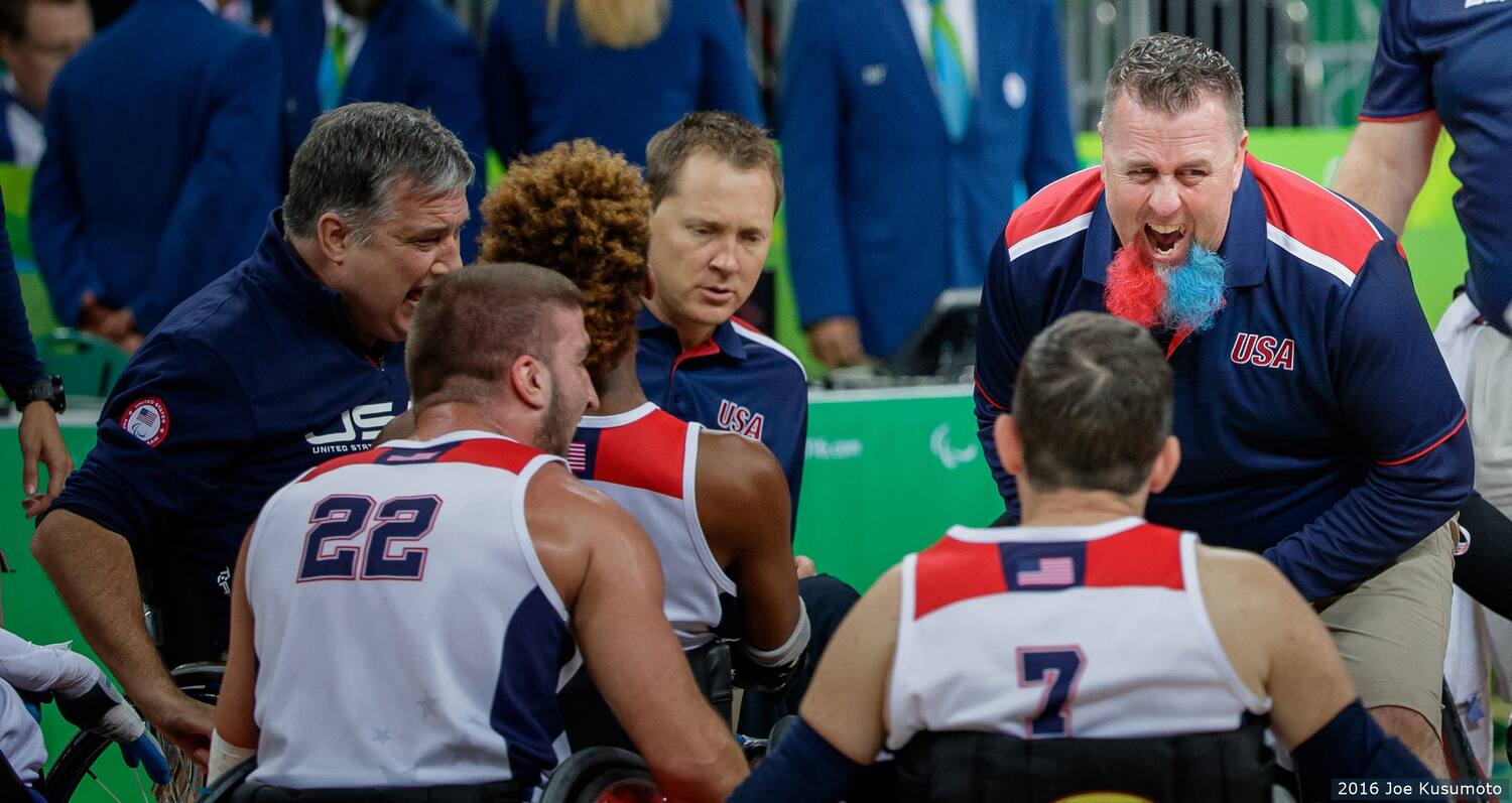 The 2016 Men's Wheelchair Rugby team celebrates during the gold medal match at the Rio Paralympic Games. 